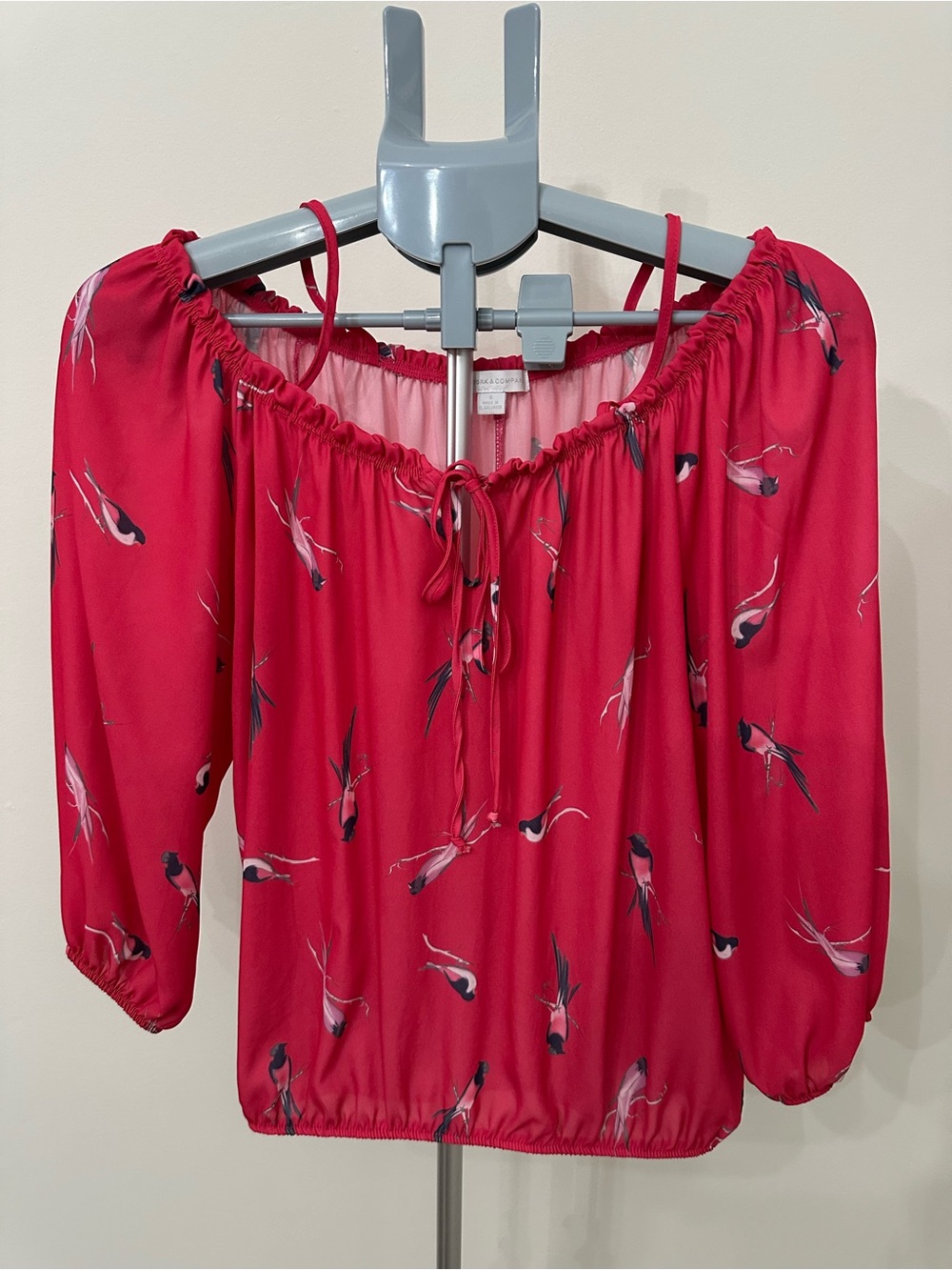 New York & Company Pink Off-Shoulder Bird Print Peasant Top Size Small